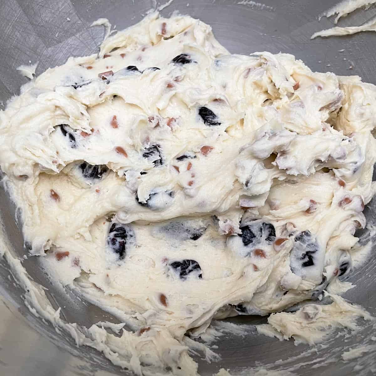 Completed mixed cookie dough and ready to be chilled before baking.