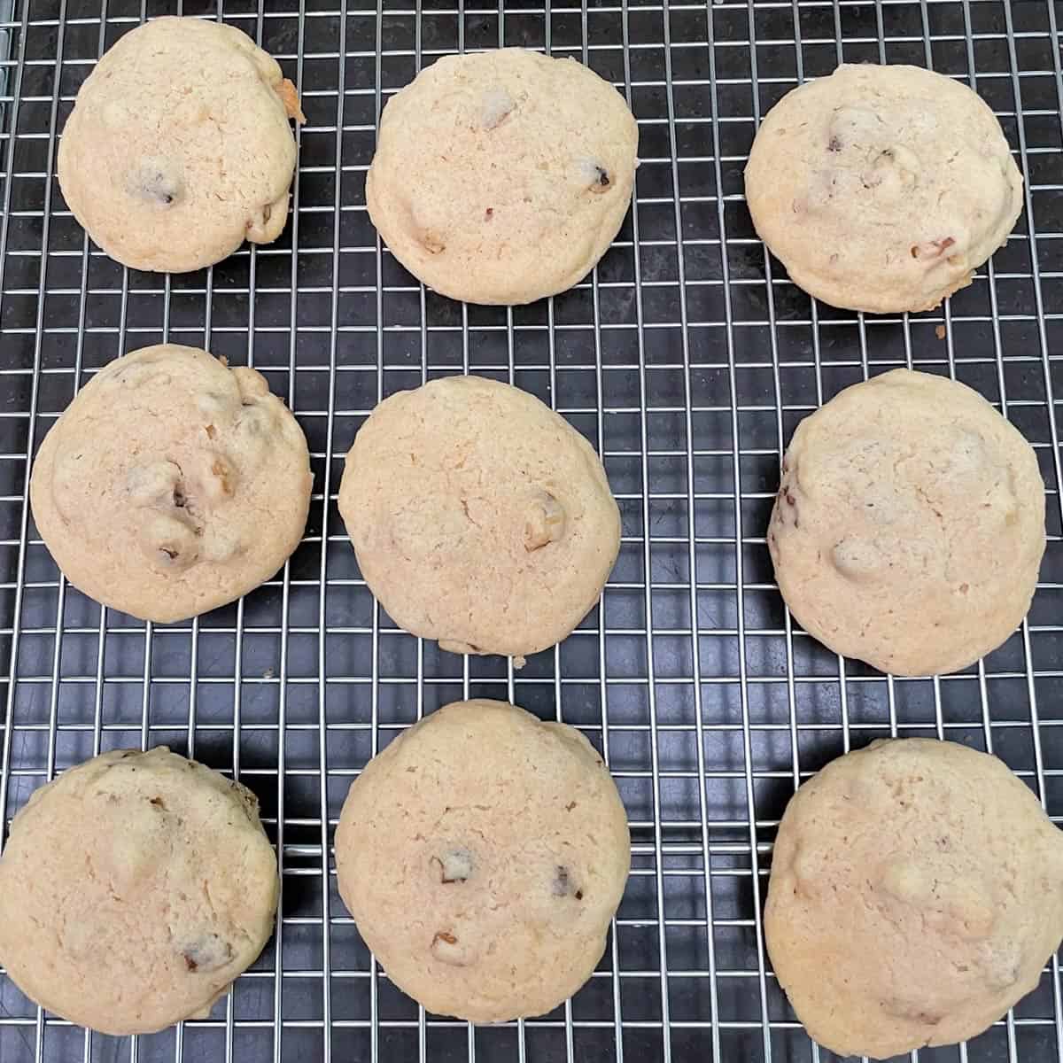 Baked cookies on a wire cooling rack.