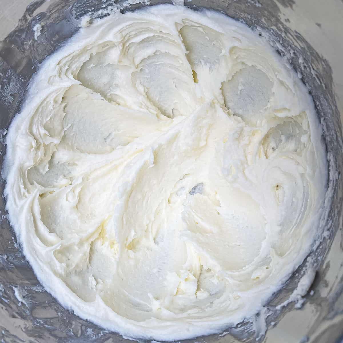 Cream cheese, butter and sugar whipped up in a mixer bowl. Lots of soft peaks.