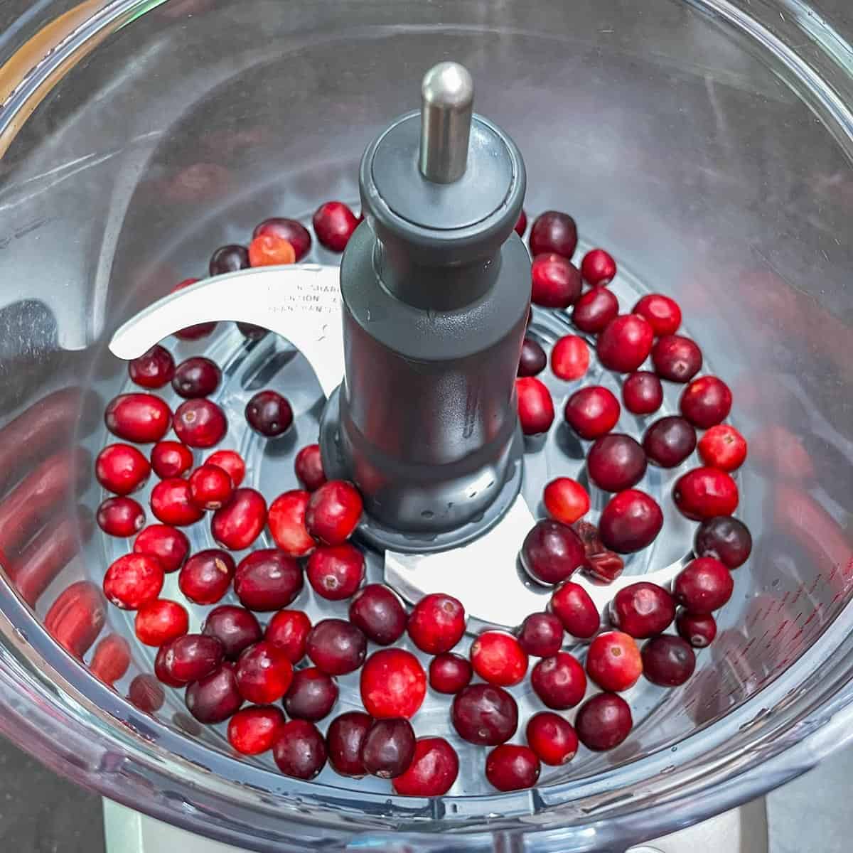 Fresh cranberries in a food processor before being pulsed into pieces.