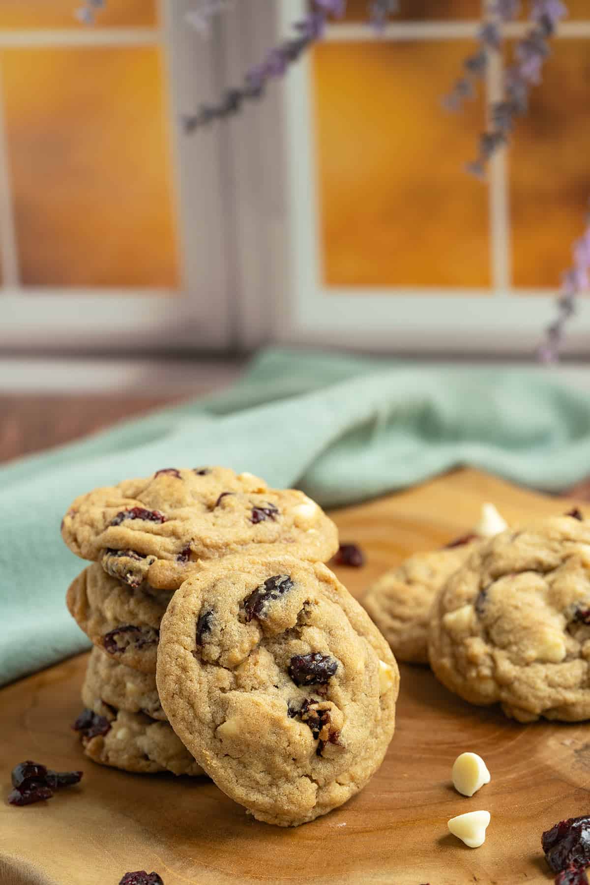 Cranberry cookies on a wooden plank in front of a window.