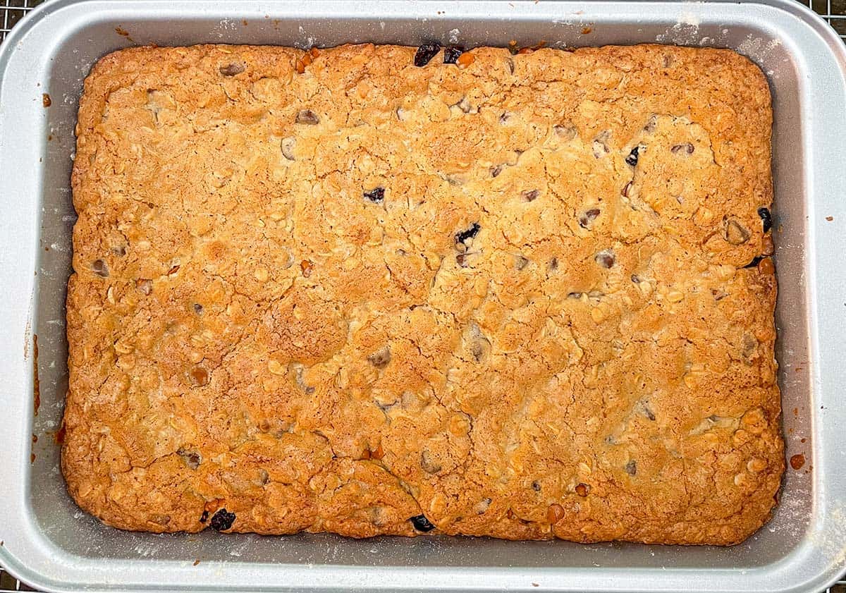 A finished baked cranberry cinnamon chocolate chip bars sitting in the pan right out of the oven.