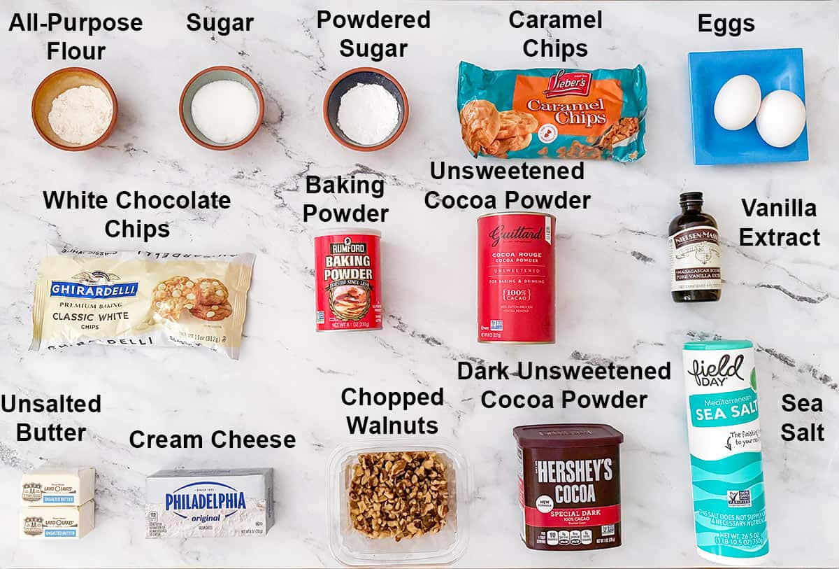 White chocolate and caramel chocolate cookie ingredients.