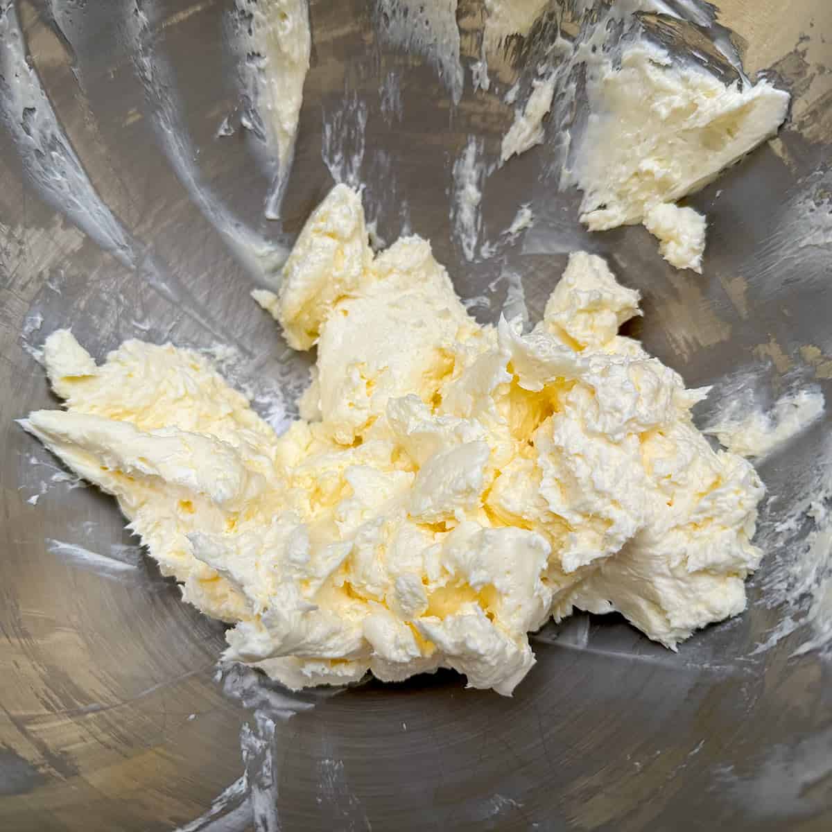 Cream cheese and butter mixed for 2 minutes.