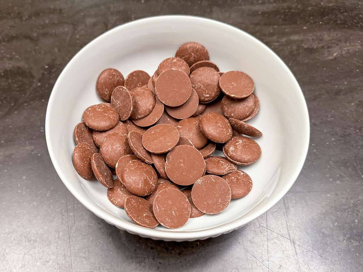 Chocolate wafers ready to be melted in the microwave.