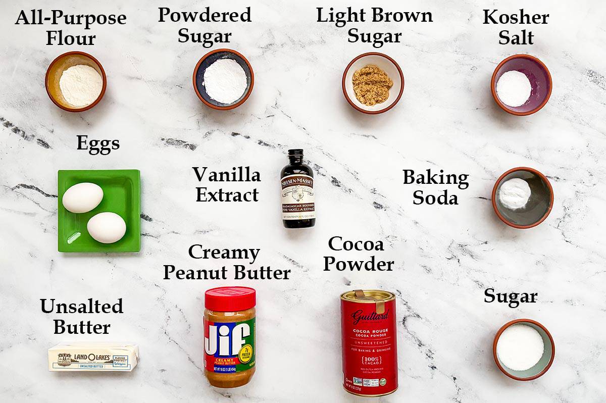 Ingredients for making Peanut butter stuffed chocolate cookies.