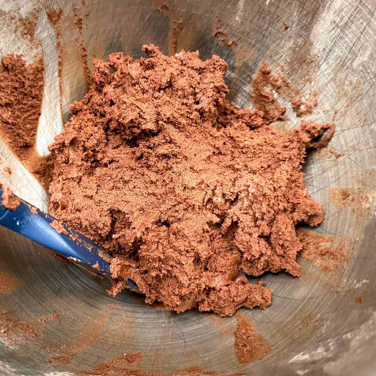 The chocolate cookie dough is mixed and in the mixer bowl.