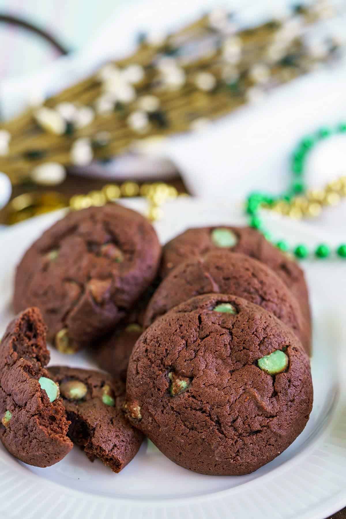 Finished chocolate mint cream cheese cookies on a plate.