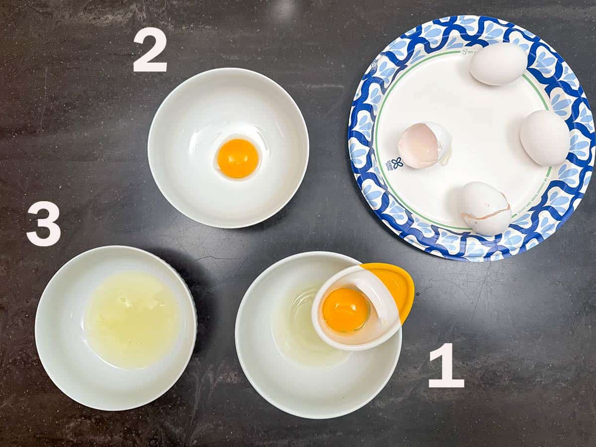 Three bowl way to separate egg yolks from the whites.