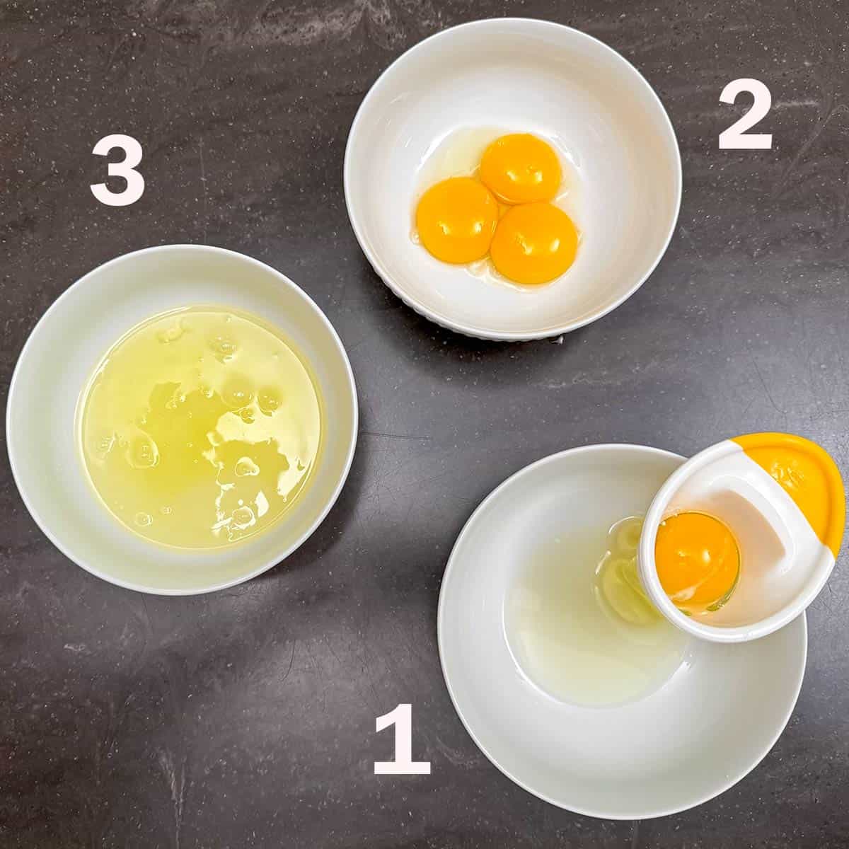 Three bowls to separate egg yolks from the whites.