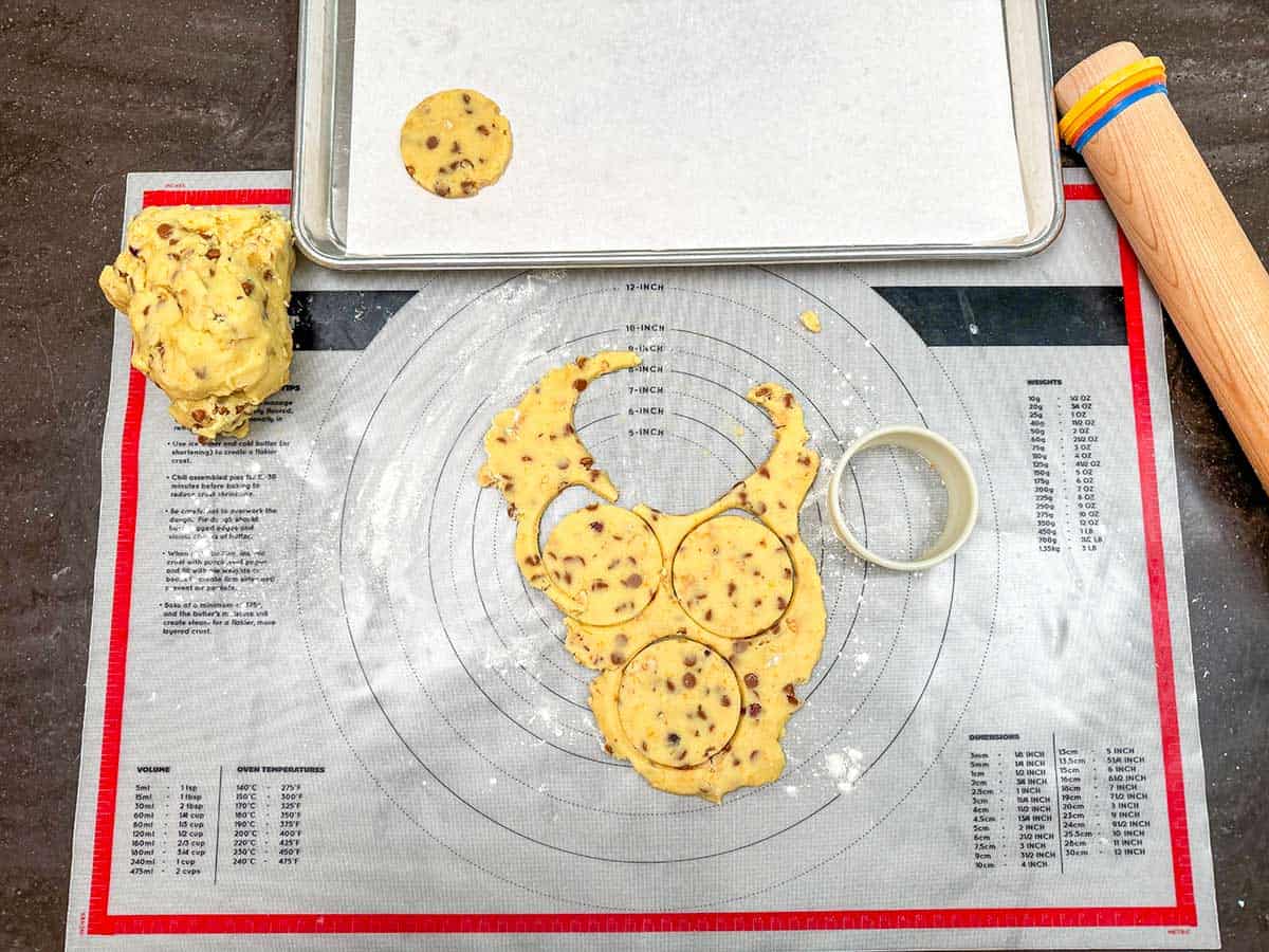 Cookie dough rolled out on a pastry mat with a circle cookie cutter.
