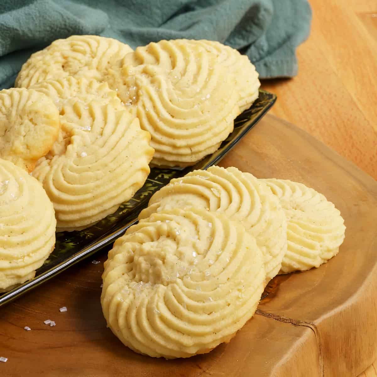 Danish butter cookies on a wooden board