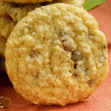 A front view of a single chewy coconut and caramel sea salt cookie.