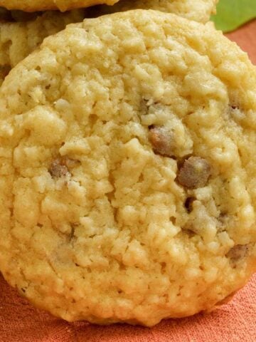 A front view of a single chewy coconut and caramel sea salt cookie.