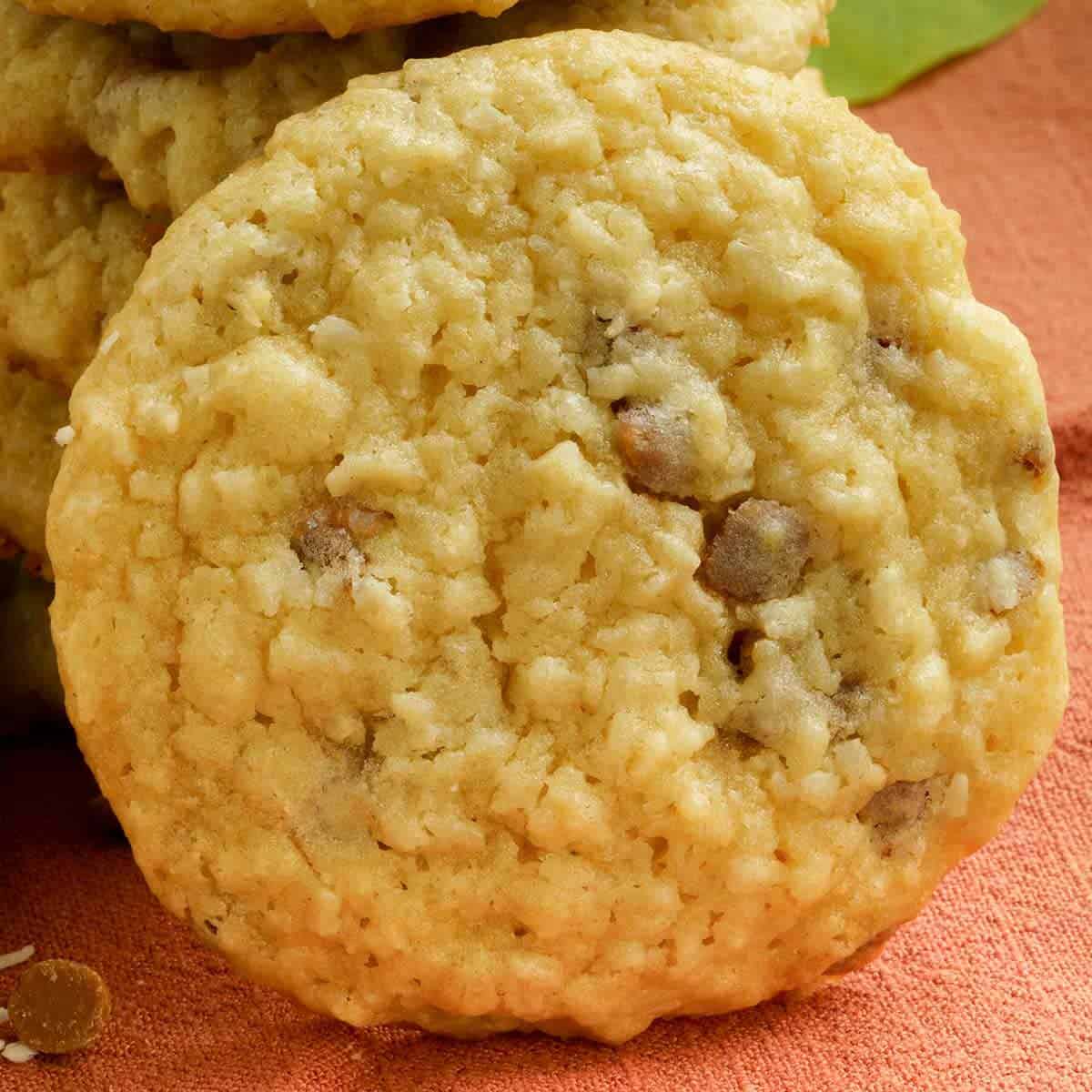 A front view of a single chewy coconut and caramel sea salt cookie.