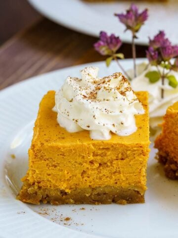 Close up of pumpkin cheesecake bites sitting on a plate.