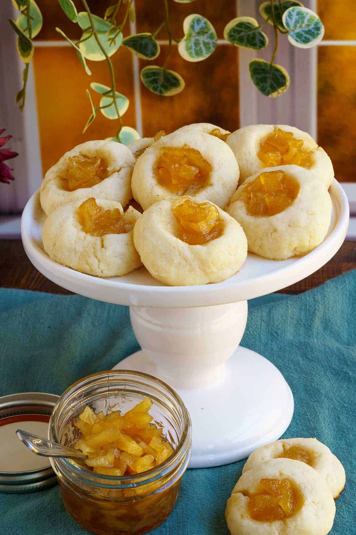 Homemade pear filling baked into a thumbprint cookie.