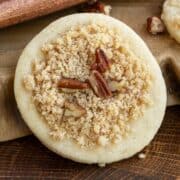 Front view of the breakfast coffee cake cookie on a wooden board.
