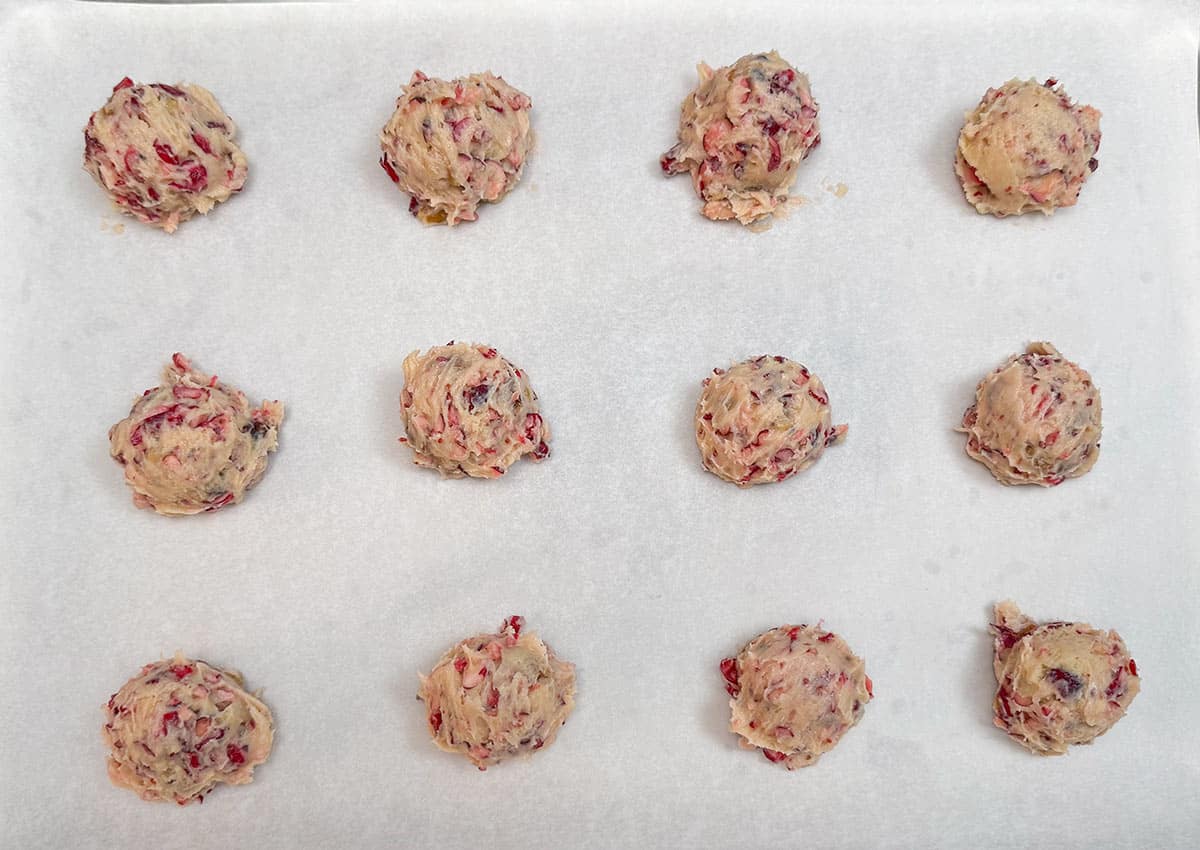 Cranberry and walnut cookies scooped and ready for the oven.