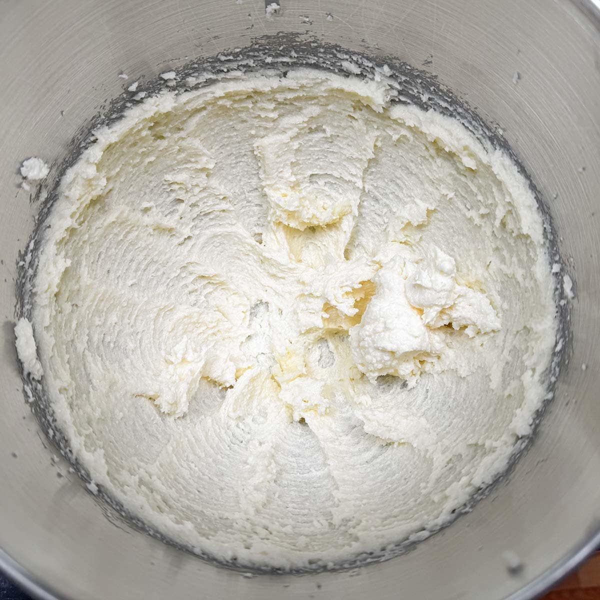 Creamed butter and sugar that has been mixed for 3 minutes.