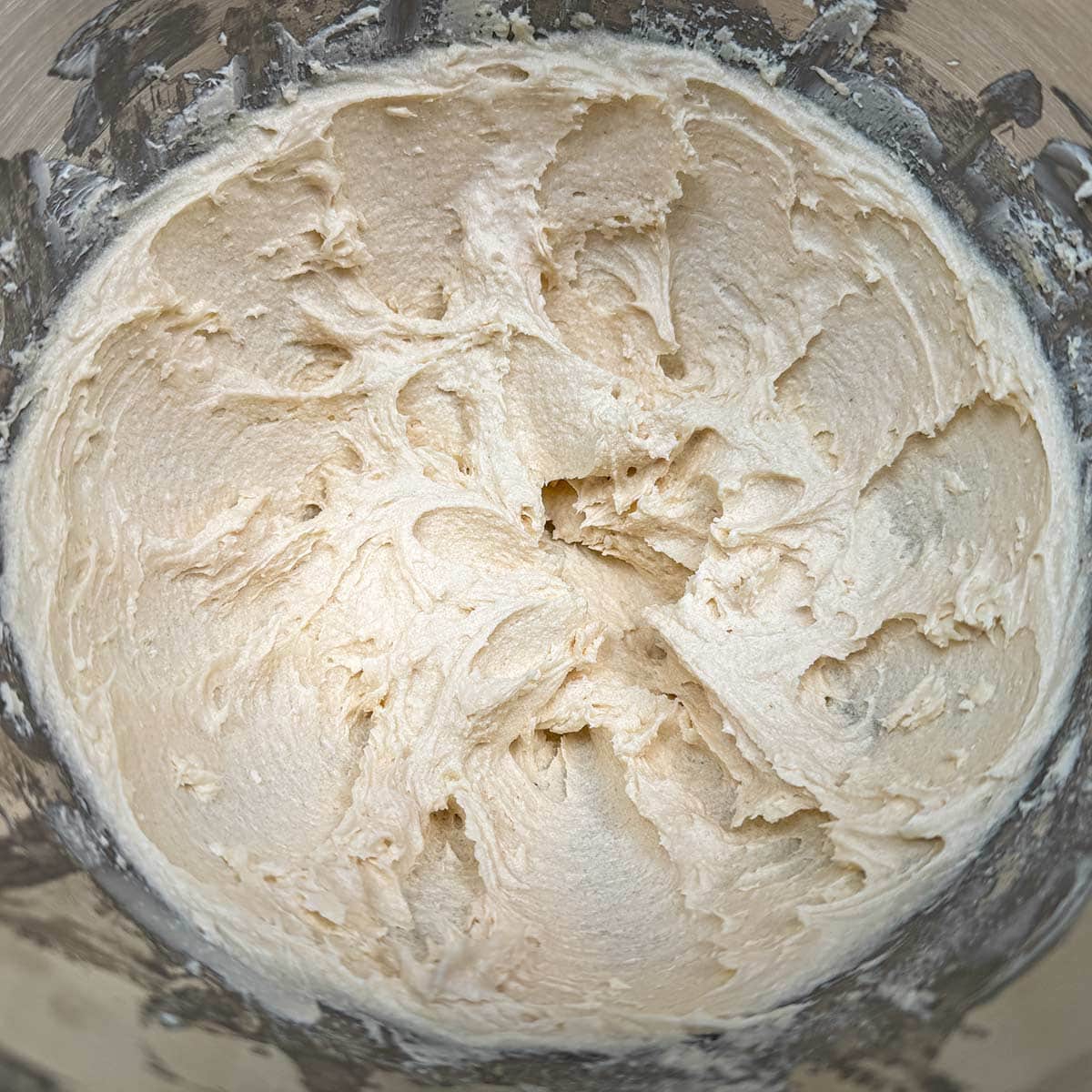 The butter, sugar and the cream cheese mixed for three minutes.