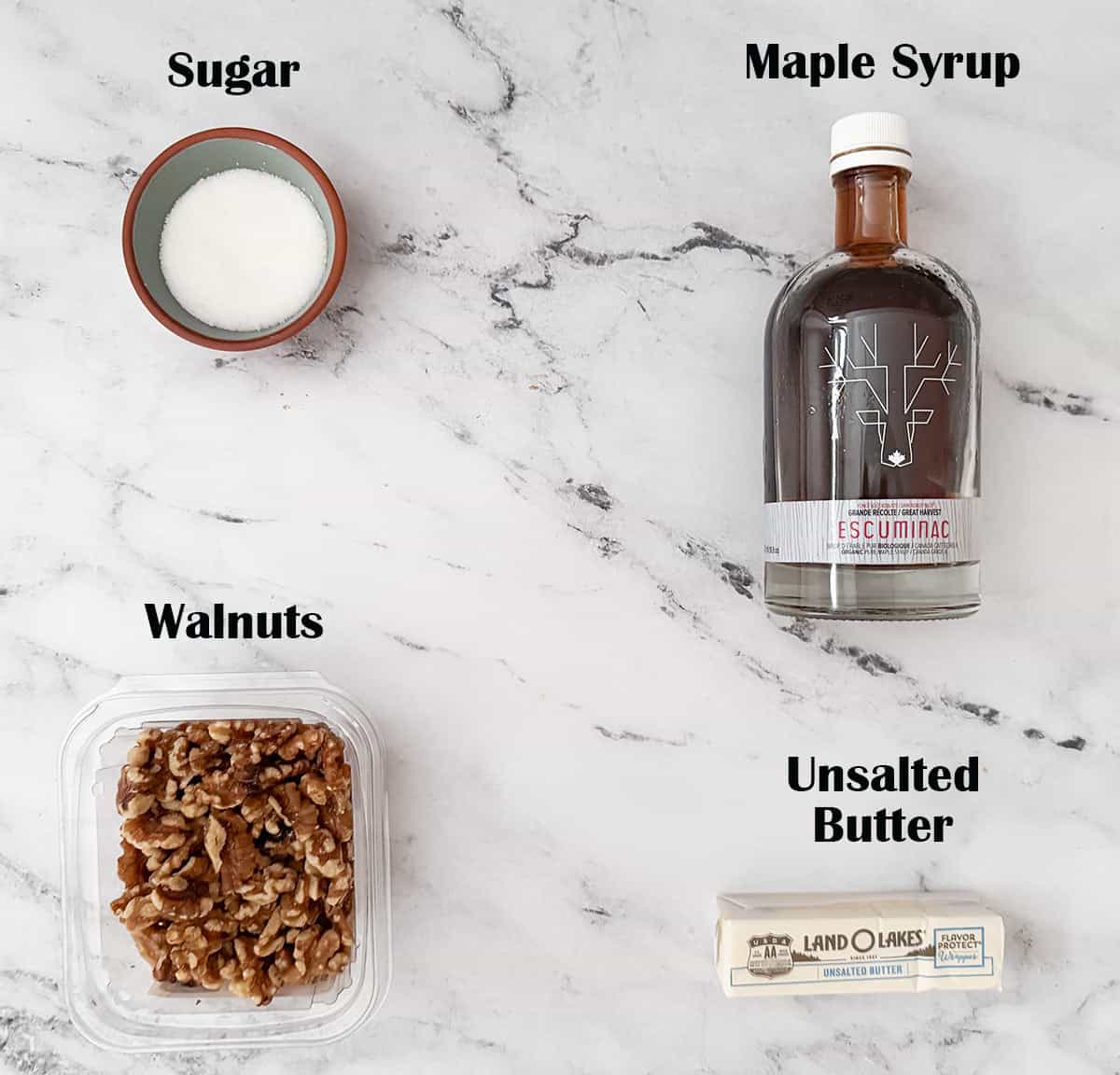 Ingredients for making the glazed maple walnuts.