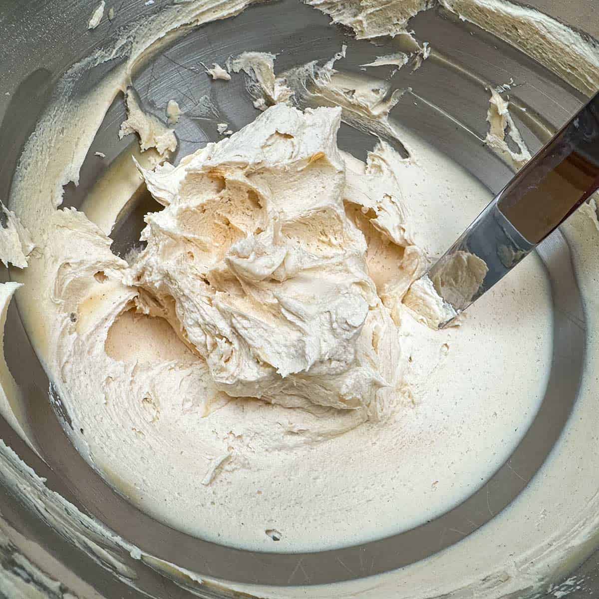 Peanut butter icing mixed and ready to be spread onto the banana cookies,