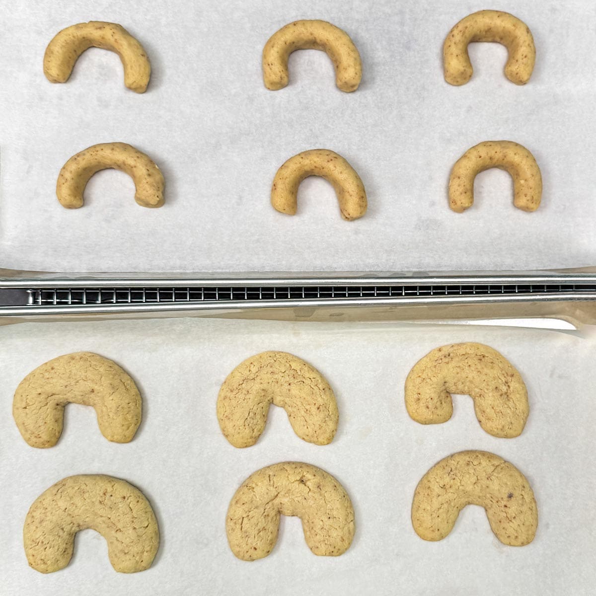Big difference between baked and unbaked crescent cookies.
