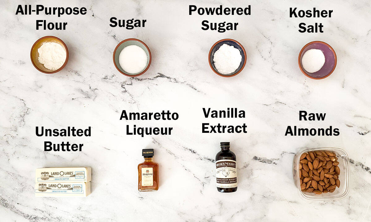 Ingredients for making the Amaretto Almond Crescent Cookies.
