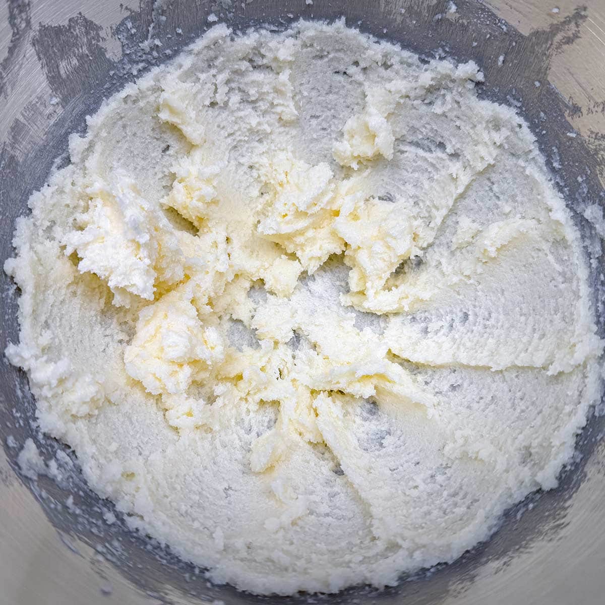 Butter and sugar after mixing for 3 minutes. A little grainy with more sugar that butter.