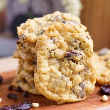 Front view of a baked Everything in the bowl Oatmeal cookie.