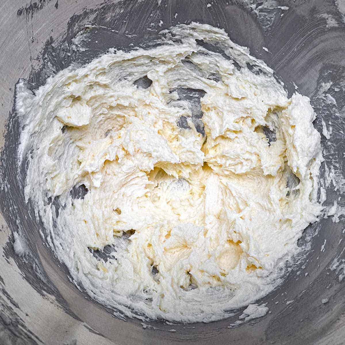 After adding egg, honey, and almond extract. Very creamy with lots of soft peaks.