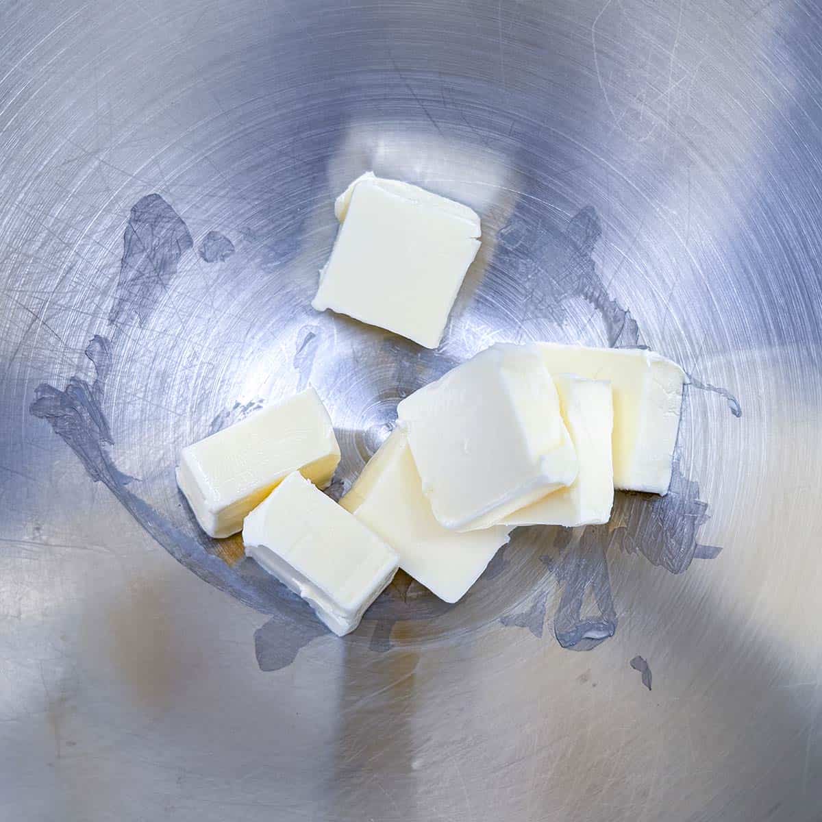 Cubed butter in a bowl.