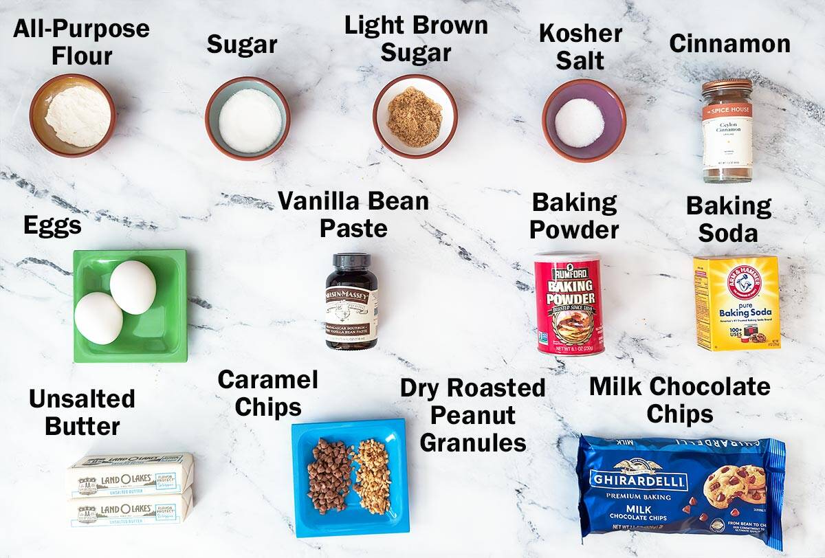 All the ingredients to make the Milk Chocolate Caramel and Peanut Cookies.