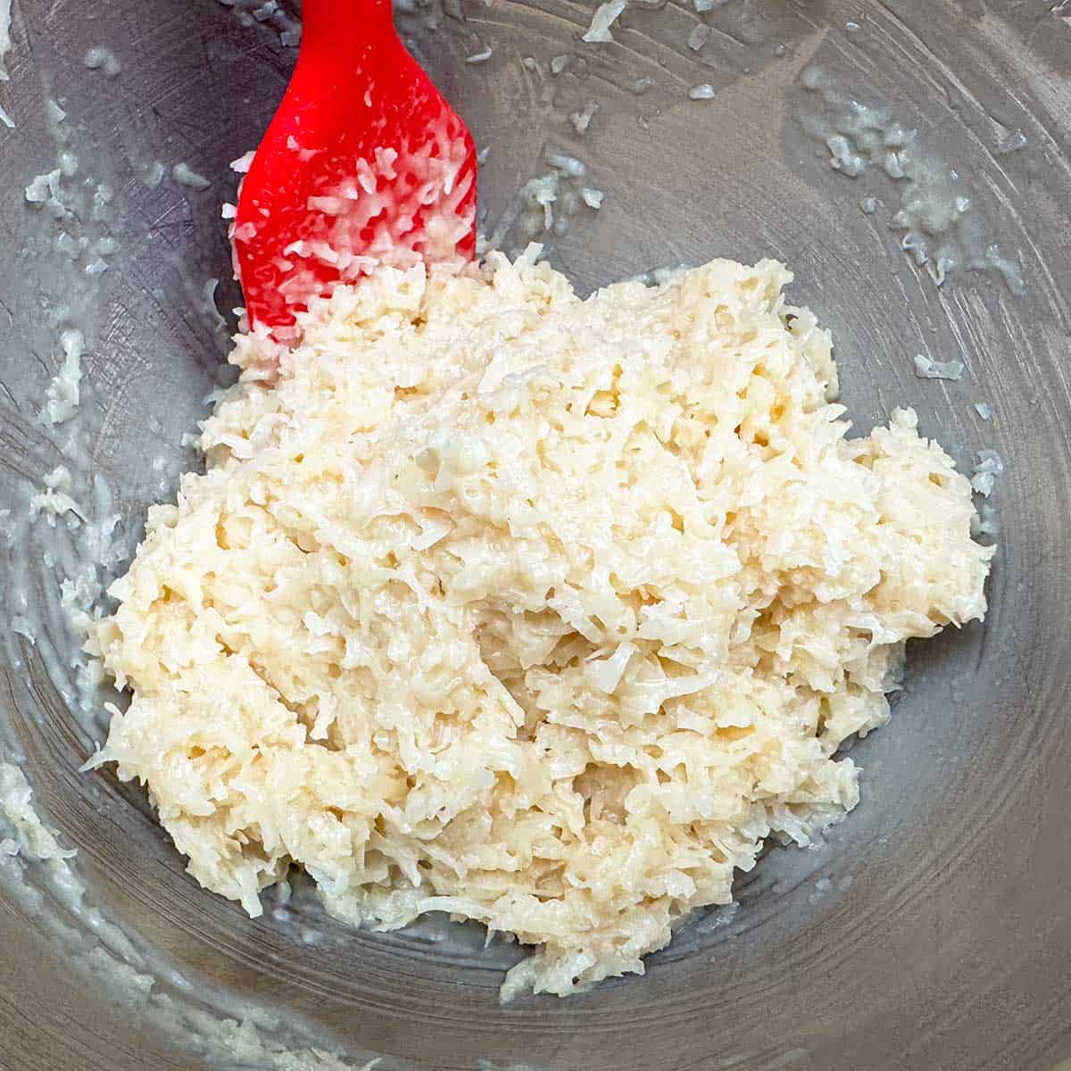 All the ingredients are mixed together in the mixer bowl.