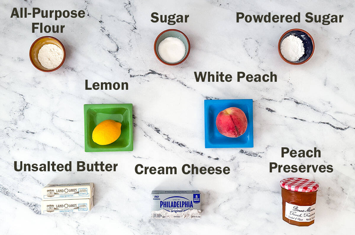 Fresh peach and preserve thumbprint cookies ingredients.