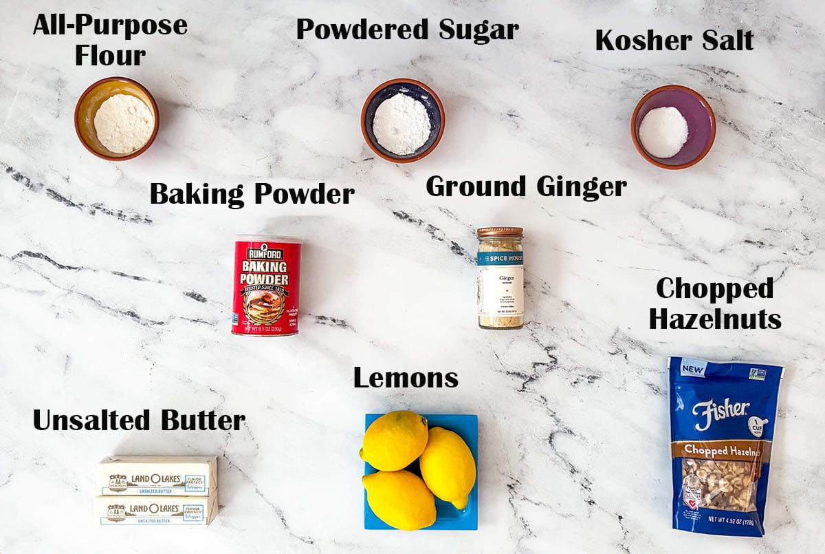 Lemon ginger with hazelnuts shortbread cookies ingredients.