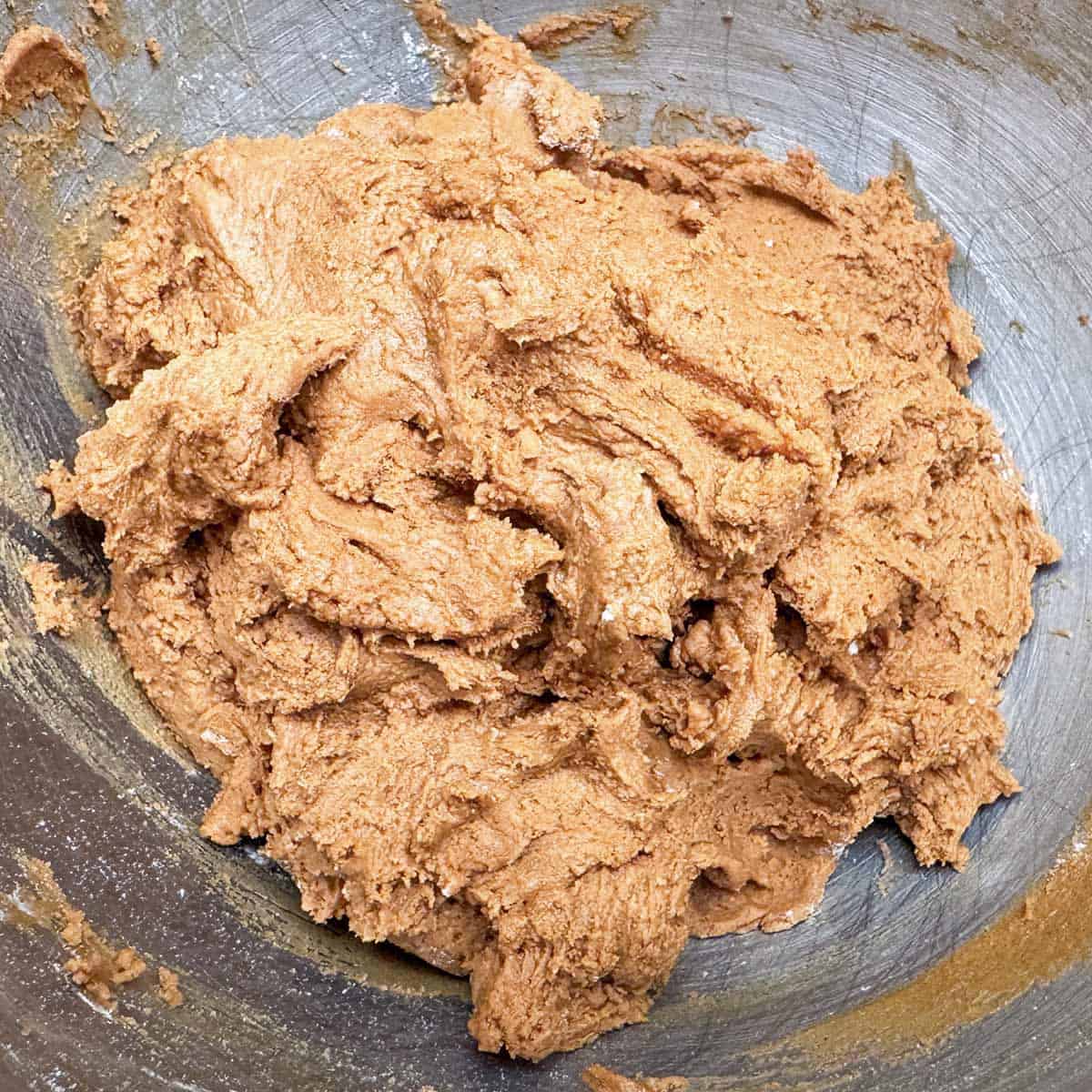 Flour mixture has been added and mixed in a mixer bowl.