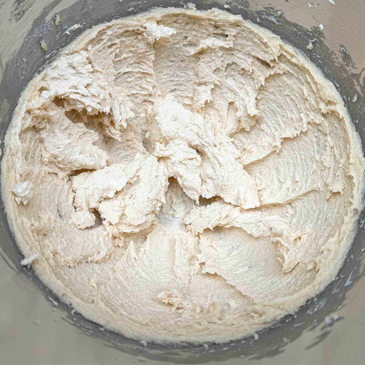 Both sugars have been added to the creamed butter and have been mixed for 3 minutes.