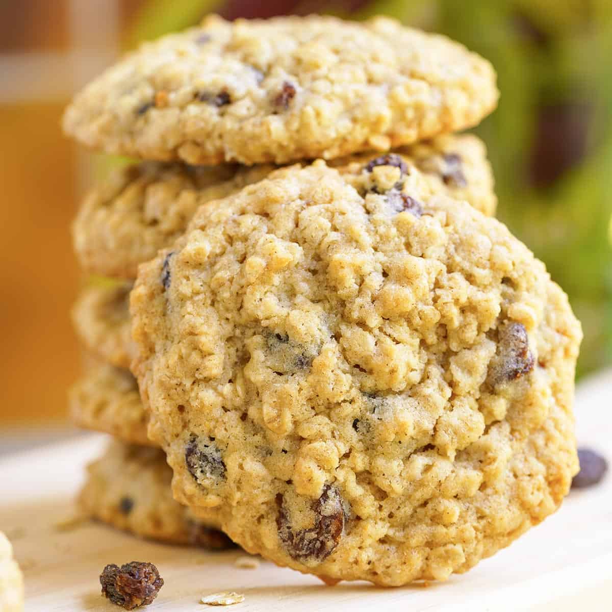 An Oatmeal Raisin Cookie leaning against a stack of cookies showing the front view.