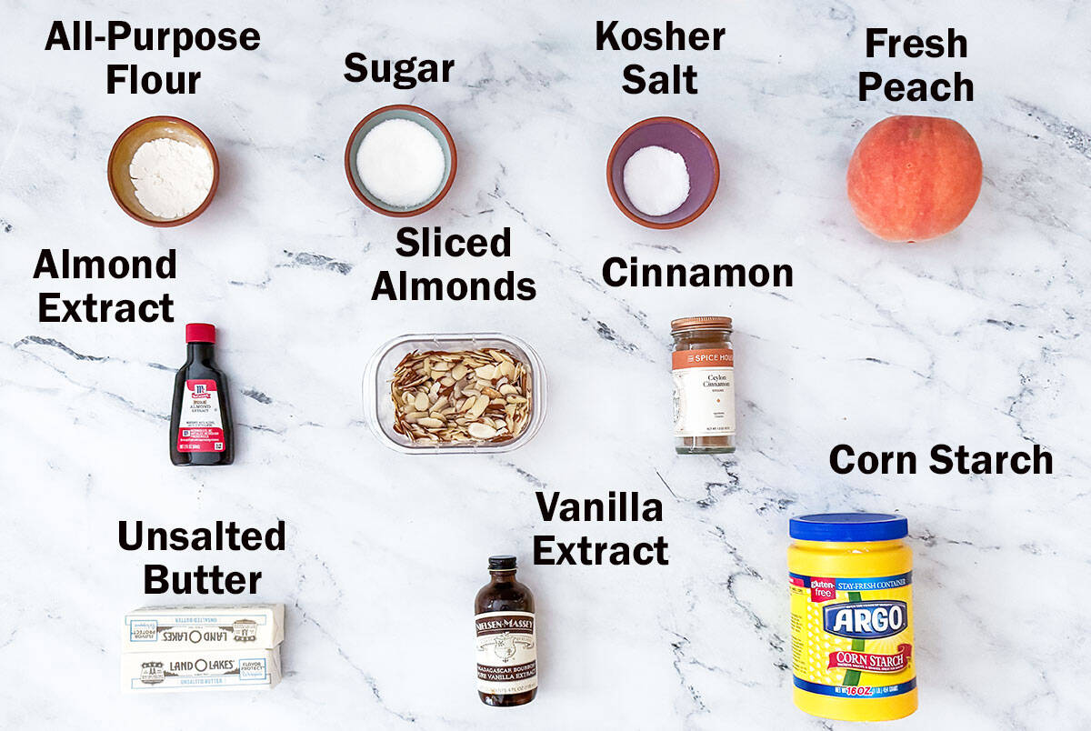 Ingredients to make Peach almond shortbread bars.