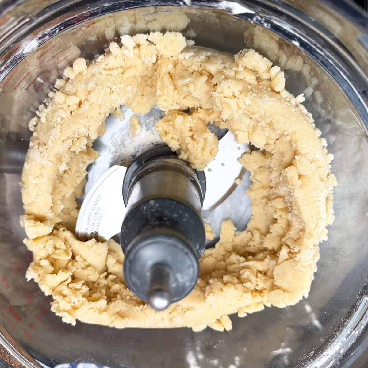 Flour mixture that has been pulsed and mixed in the food processor for the shortbread.