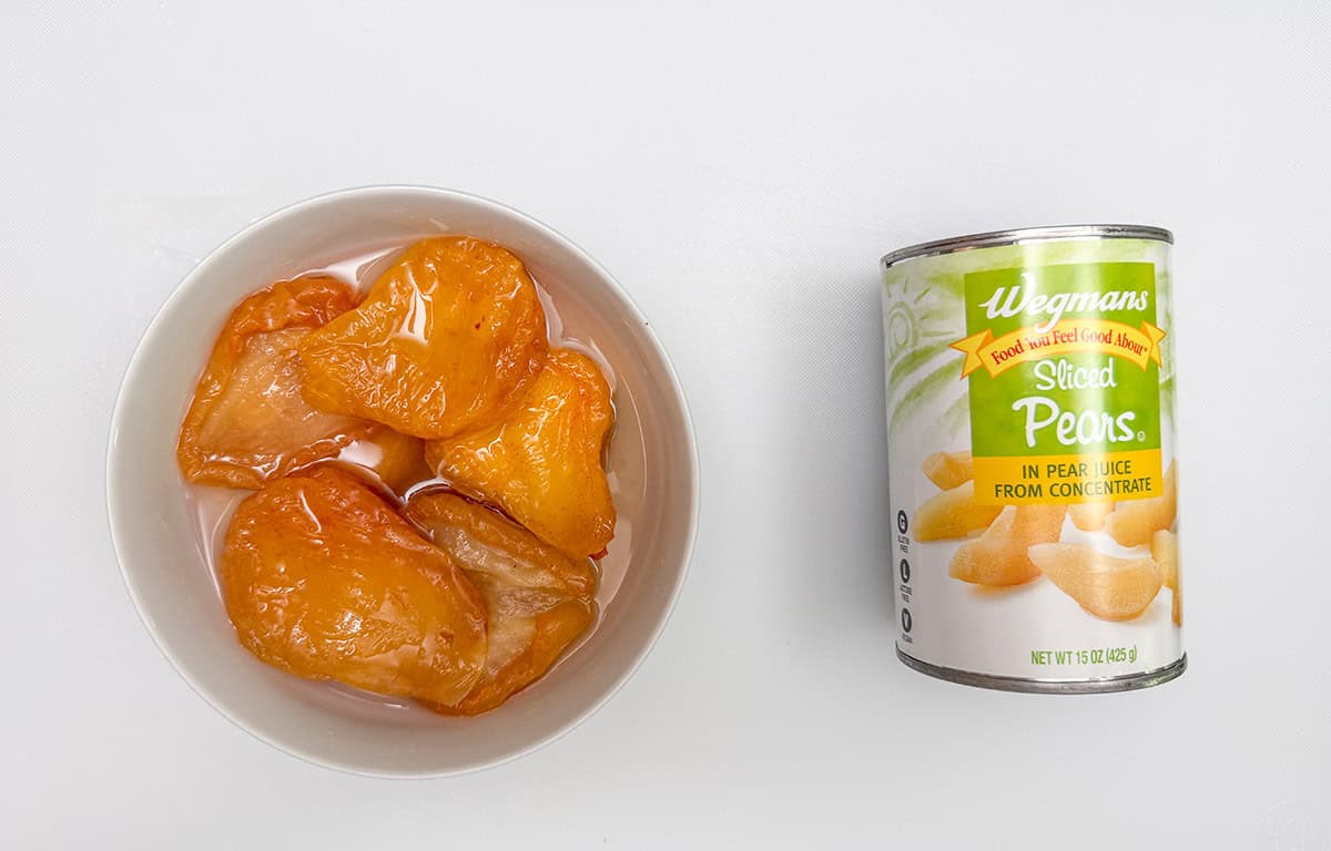Dried pear slices soaking in pear juice to rehydrate.