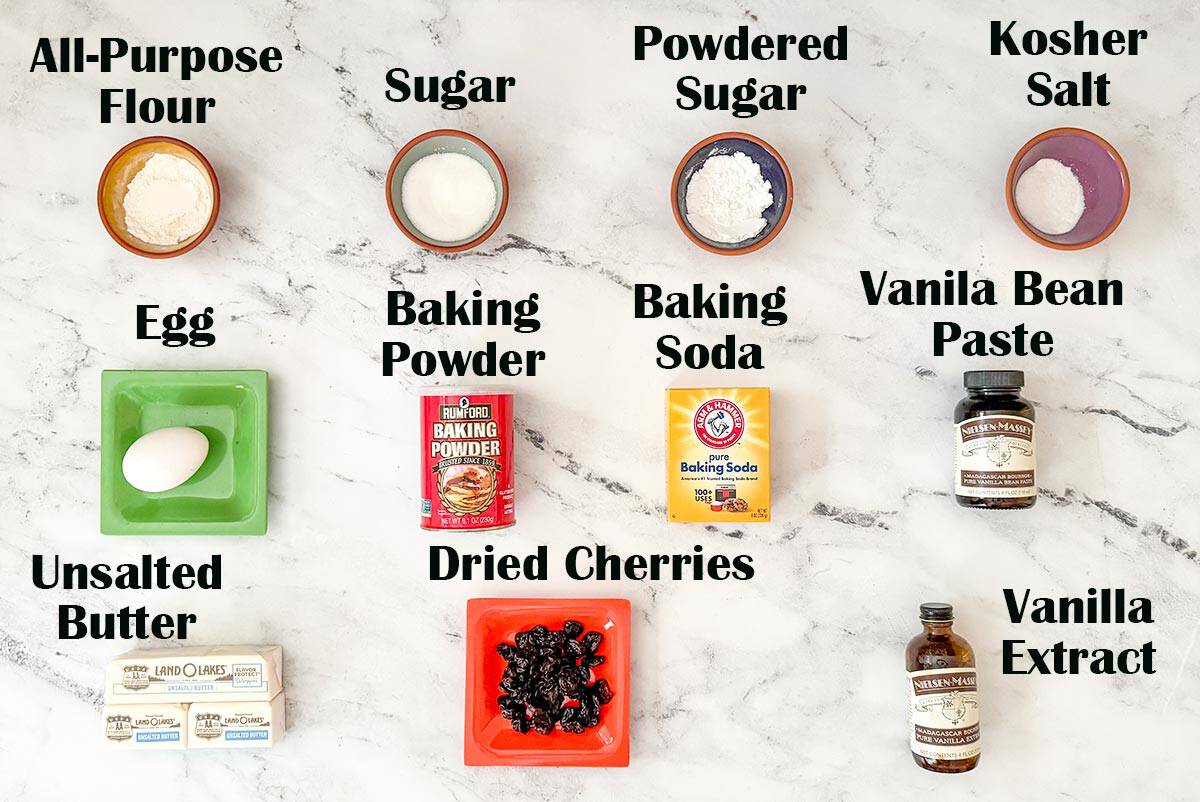 Ingredients to make cherry vanilla cookies.