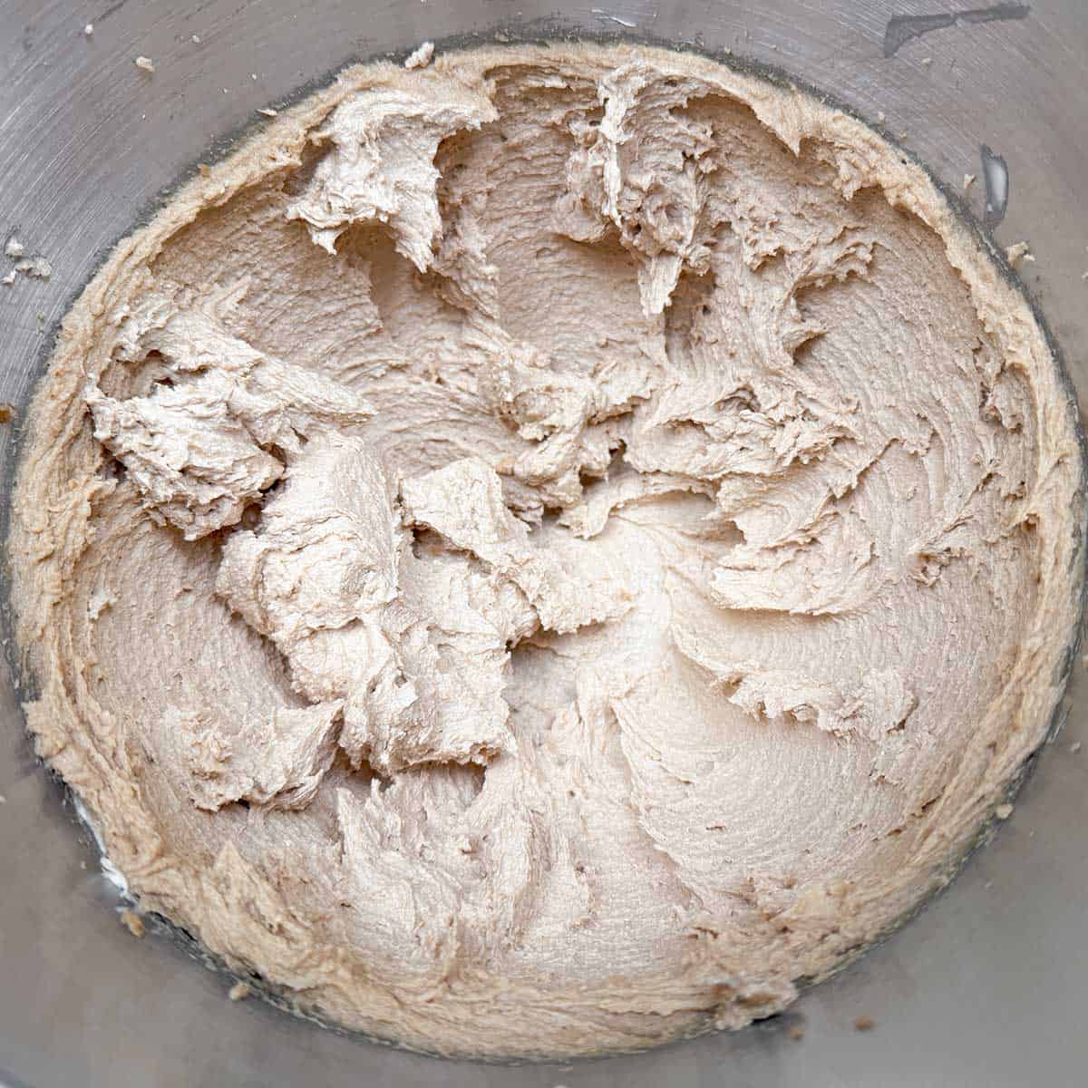 Creamed butter that has the dark brown sugar added and mixed for 3 minutes.