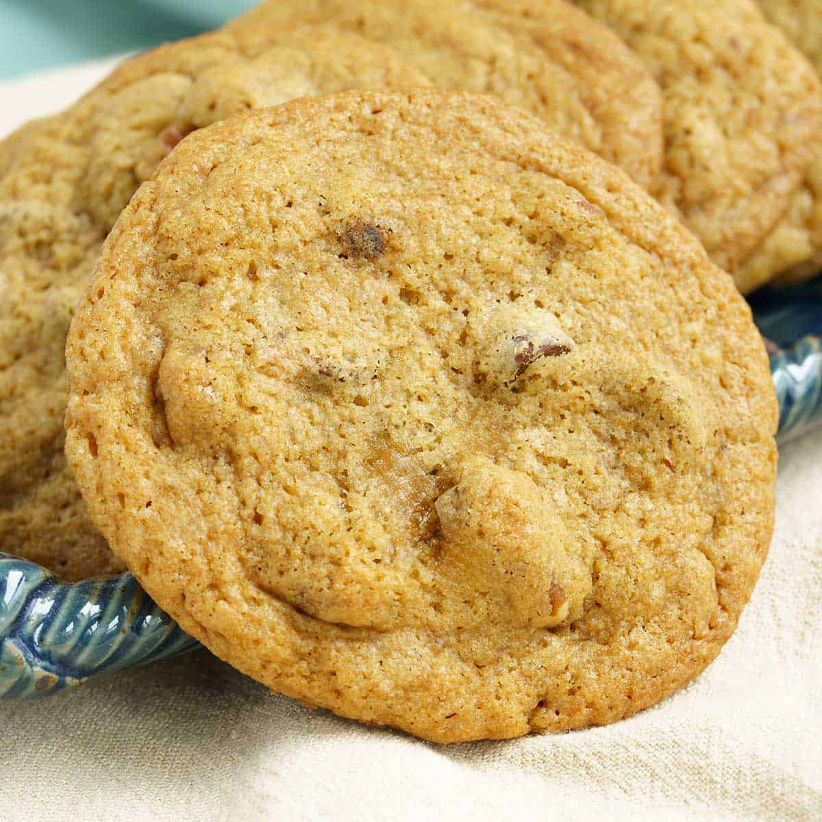 Chocolate chips with glazed pecans cookies close-up picture.