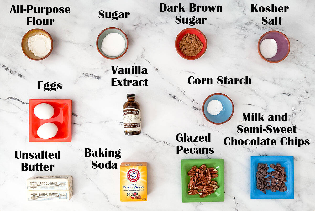 Chocolate chips with glazed pecans cookies ingredients.