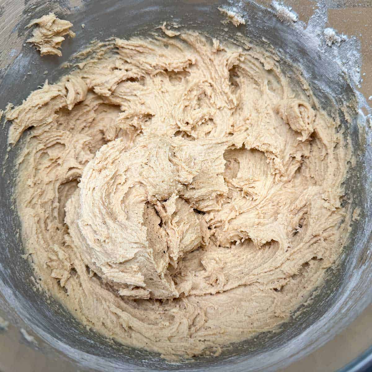 Finished adding the flour to the wet cookie dough.