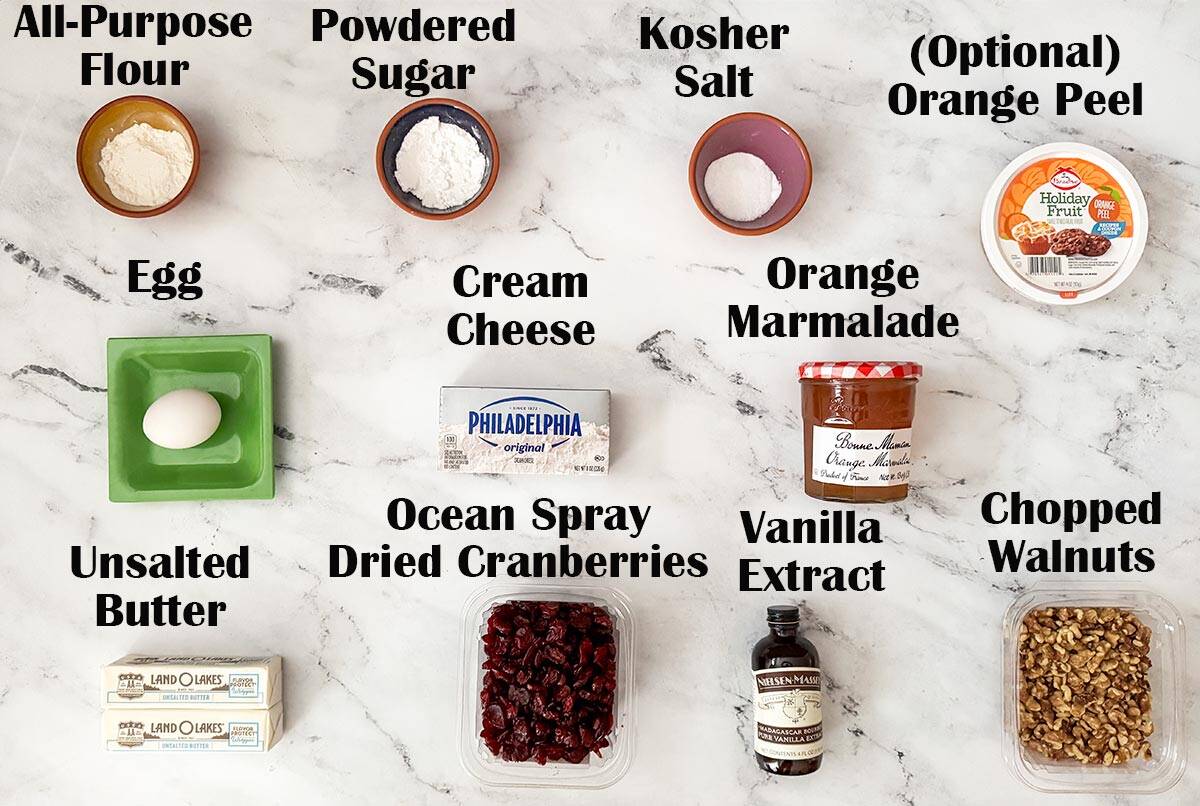 Cranberry orange and walnut rugelach ingredients.