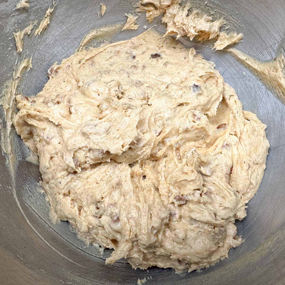 Completed cookie dough ready to be chilled in the mixer bowl.